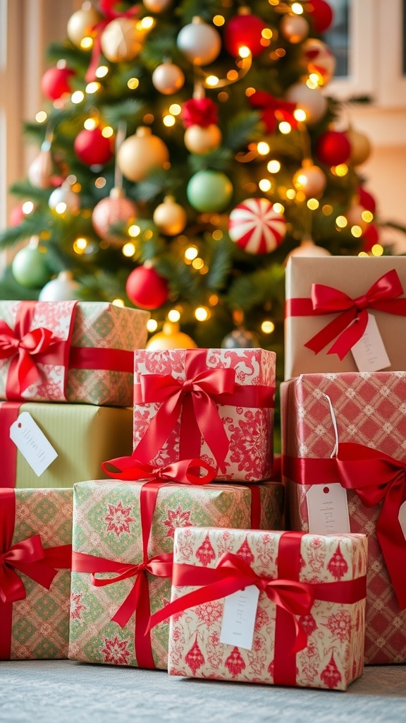 A colorful display of wrapped Christmas gifts with a decorated tree in the background.